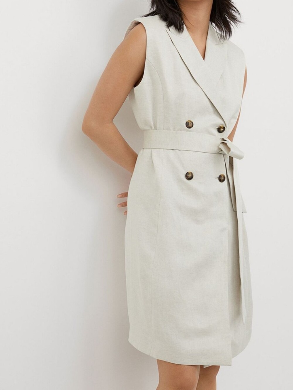 H&M Beige Linen Sleeveless Double-Breasted Belted Jacket Dress Size Medium